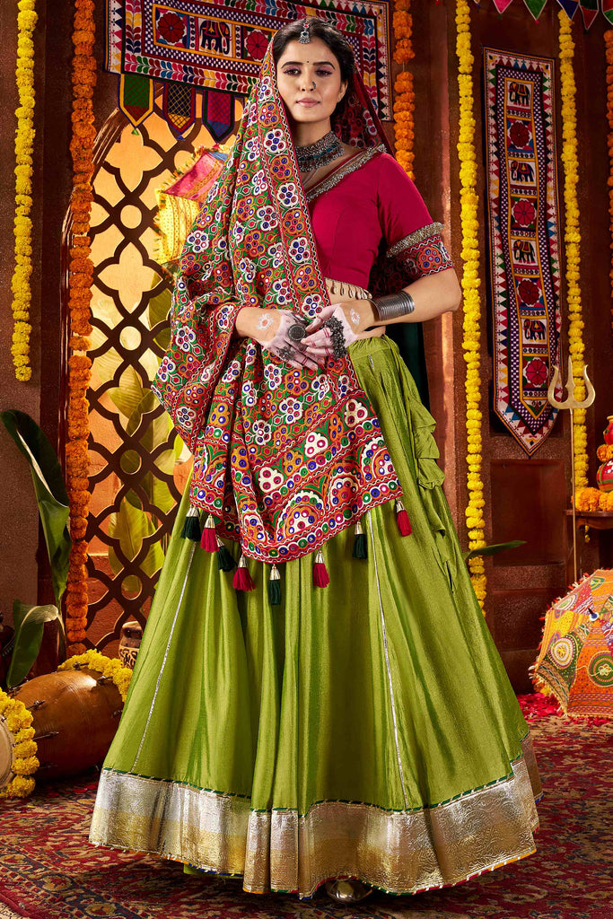 Glamorous Green Silk Festival Wear Lehenga Choli With Thread Work Dupatta
