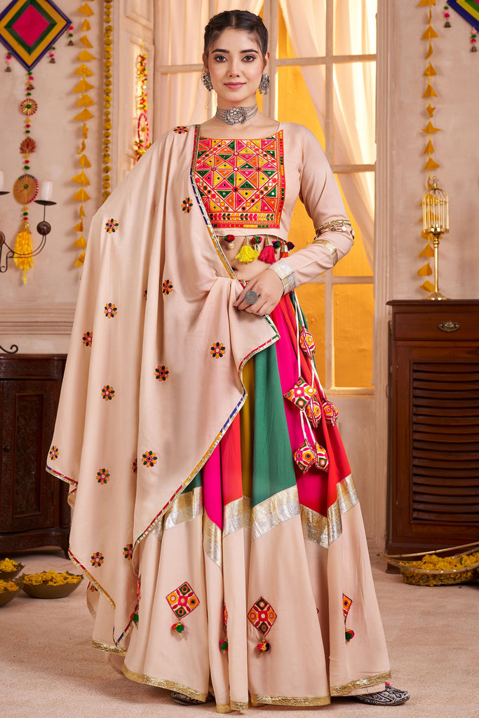 Pretty Beige Thread Work Cotton Traditional Lehenga Choli With Dupatta