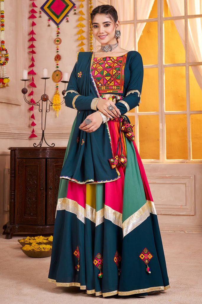 Amazing Teal Blue Mirror Work Cotton Navratri Special Lehenga Choli 