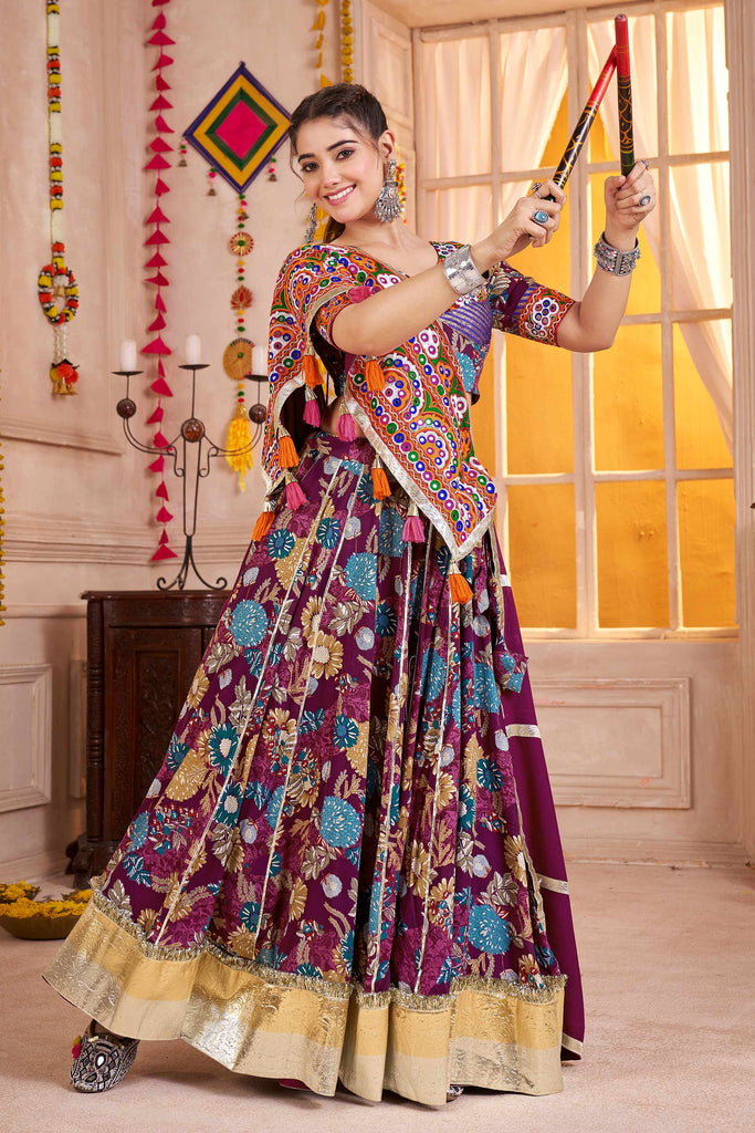Precious Purple Floral Printed Cotton Navratri Wear Lehenga Choli With Dupatta