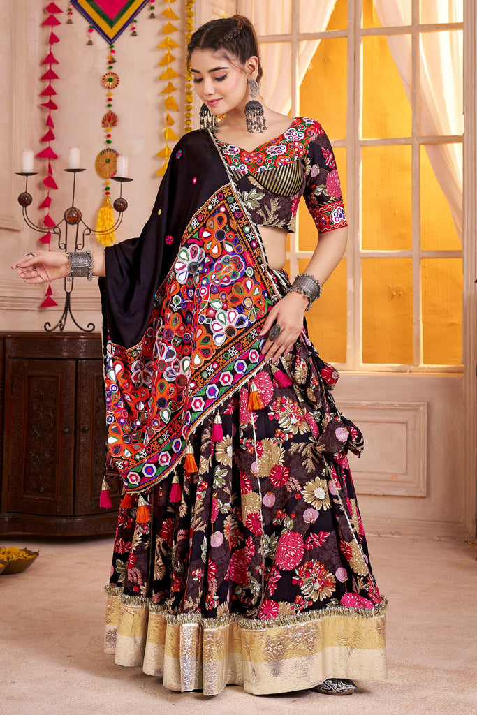 Sweet Black Floral Printed Cotton Navratri Special Lehenga Choli With Dupatta