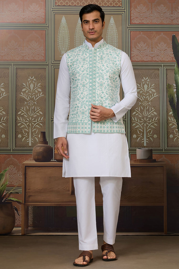 Rich White Thread Embroidered Silk Wedding For Men Kurta With Pant And Jacket