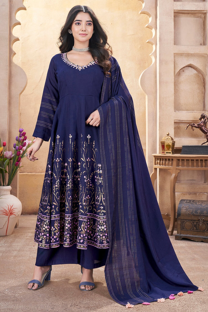 Fascinating Navy Blue Foil Printed Silk Event Wear Anarkali Suit