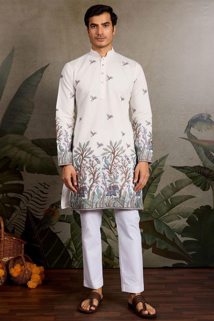 Lovable White Thread Embroidered Viscose Festival Wear Men Kurta