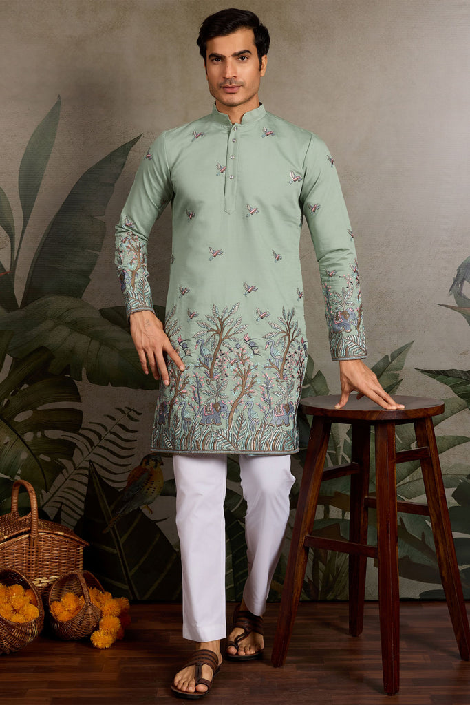 Charming Pista Green Thread Work Viscose Event Wear Men Kurta