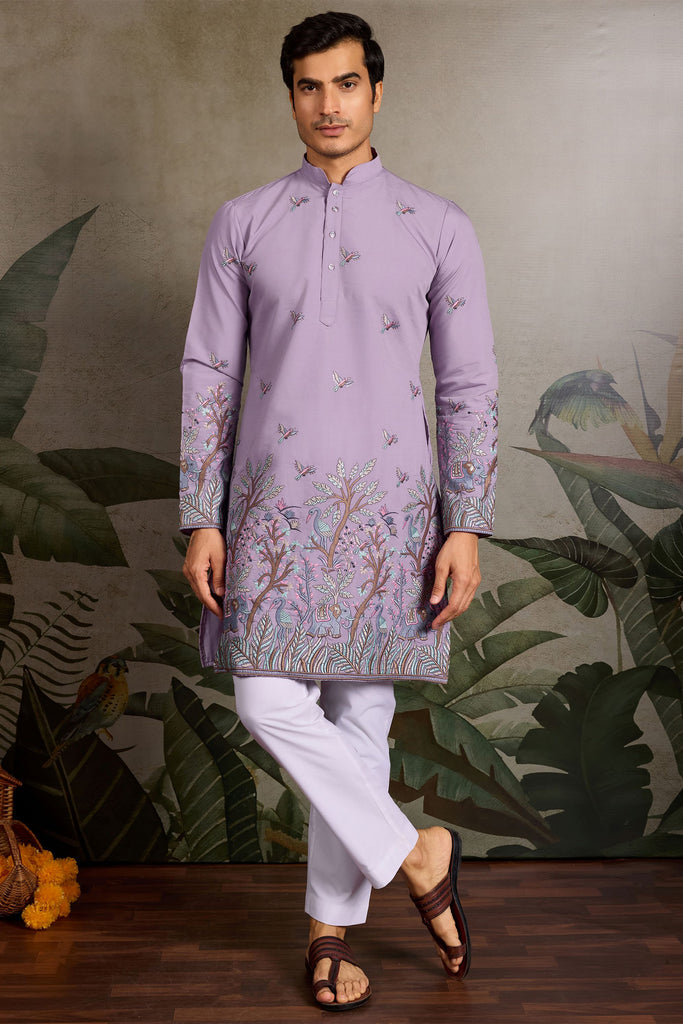 Wonderful Lavender Thread Embroidered Viscose Traditional Men Kurta