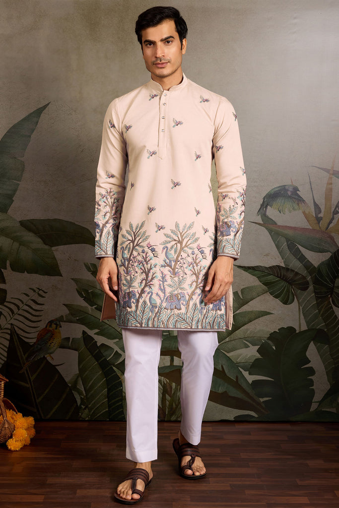 Alluring Beige Thread Embroidered Viscose Traditional Men Kurta