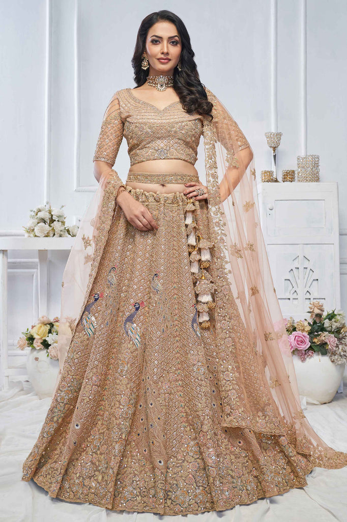 Captivating Golden Embroidered Net Wedding Wear Lehenga Choli