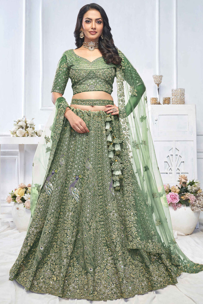 Pretty Green Embroidered Net Bridesmaid Lehenga Choli With Dupatta