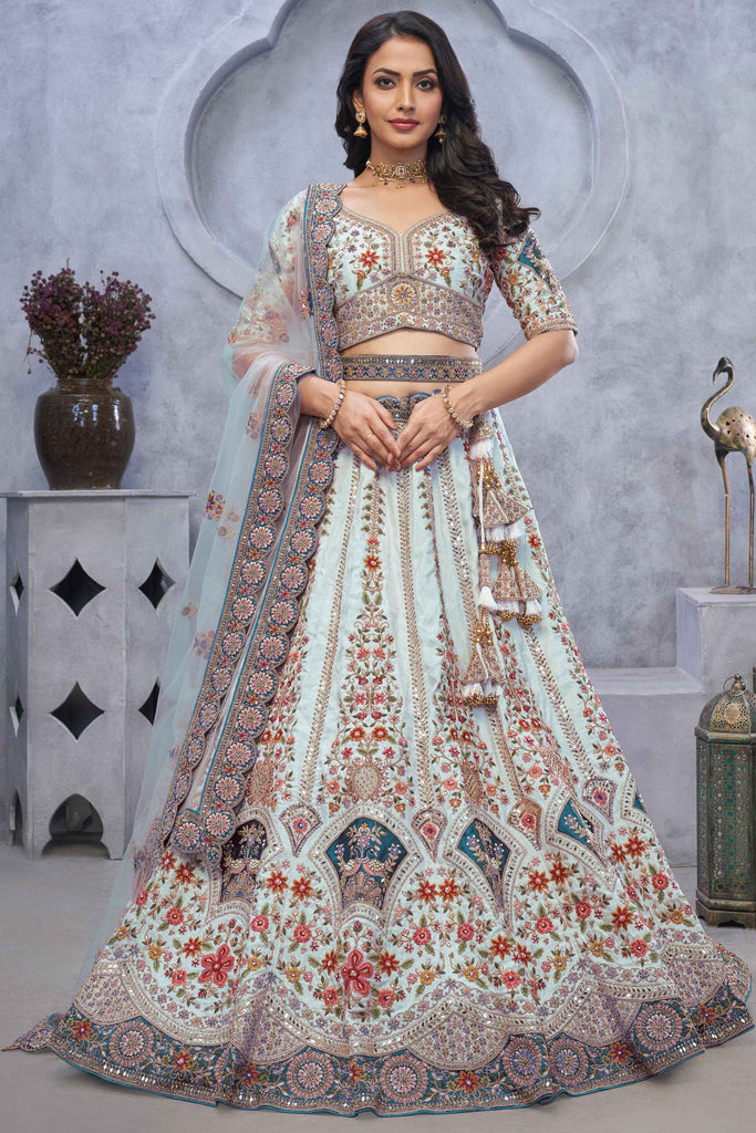 Surprising Sky-Blue Sequins Organza Silk Engagement Wear Lehenga Choli