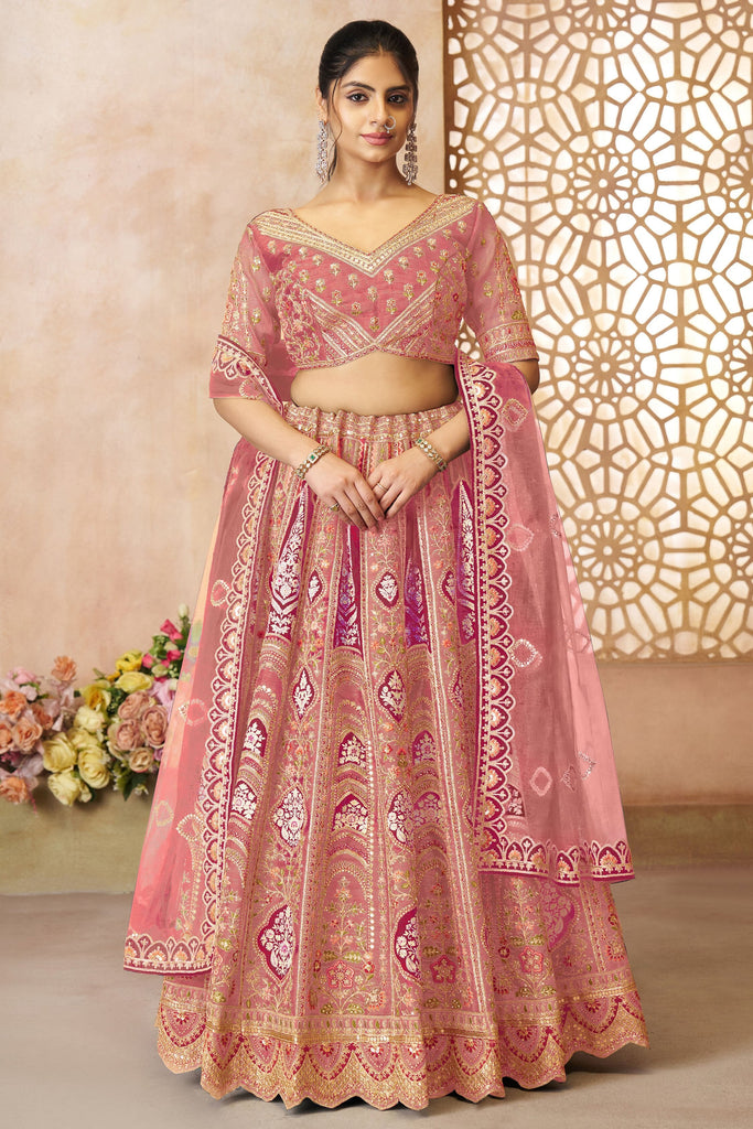 Beautiful Pink Floral Motifs Banarasi Silk Reception Lehenga Choli