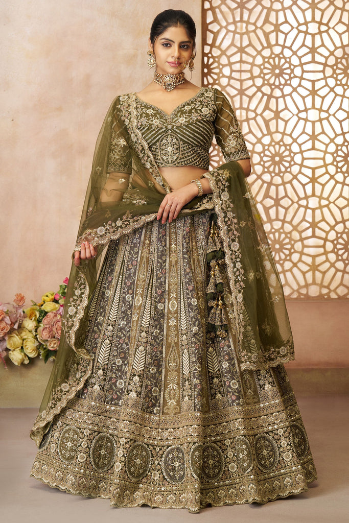 Attractive Olive Green Thread Work Net Bridesmaid Lehenga Choli