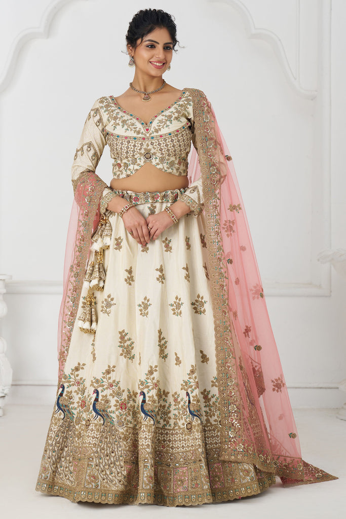 Alluring Off-White Zari Embroidered Silk Engagement Lehenga Choli