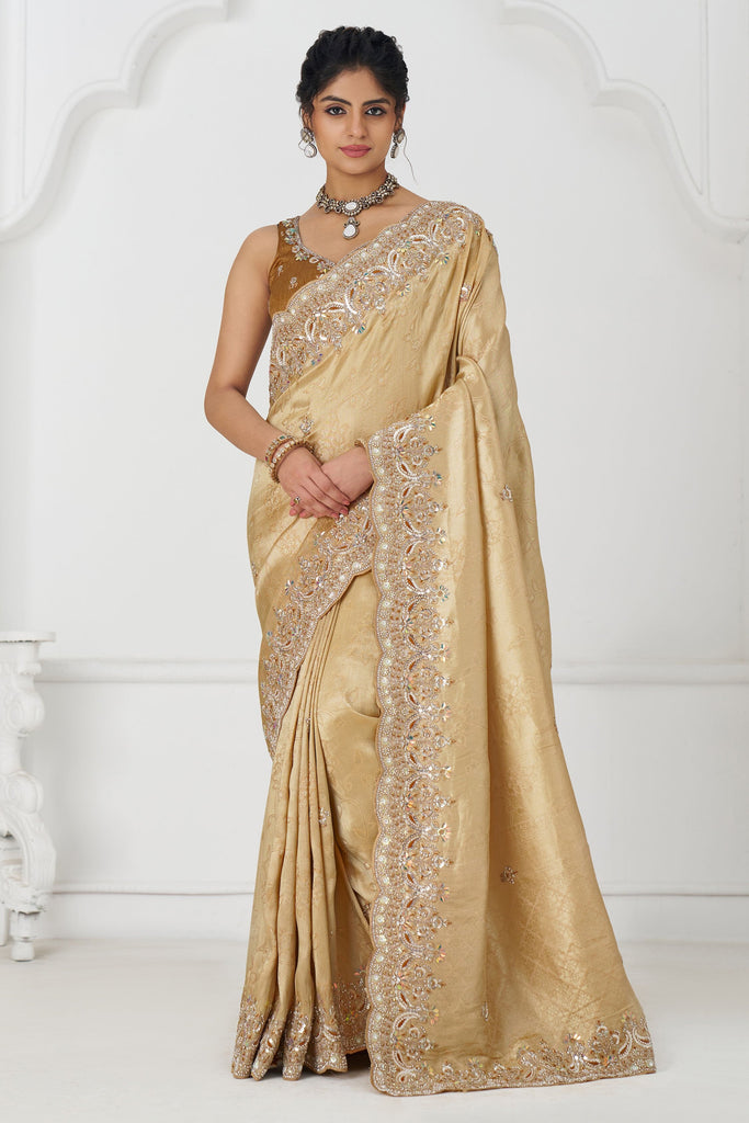 Alluring Golden Sequins Work Dola Silk Wedding Wear Saree