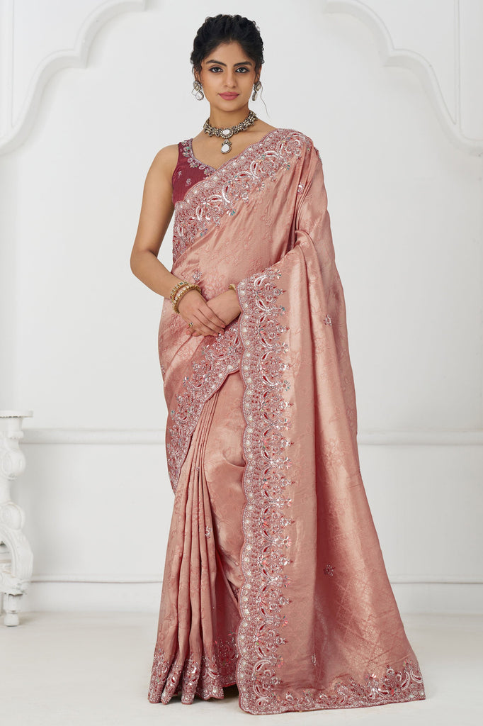 Wonderful Pink Embroidered Dola Silk Wedding Wear Saree With Blouse