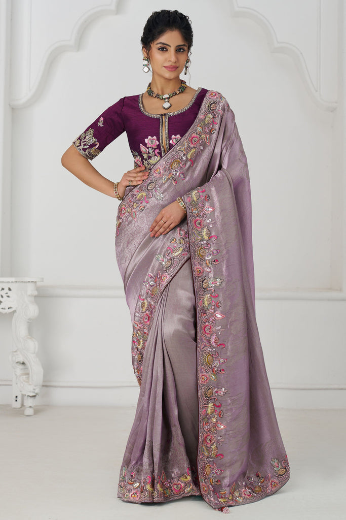 Special Lilac Color Embroidered Dola Silk Engagement Wear Saree