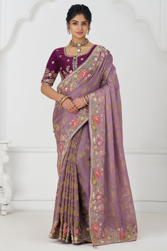 Glamorous Mauve Heavy Border Work Viscose Silk Bridesmaid Saree
