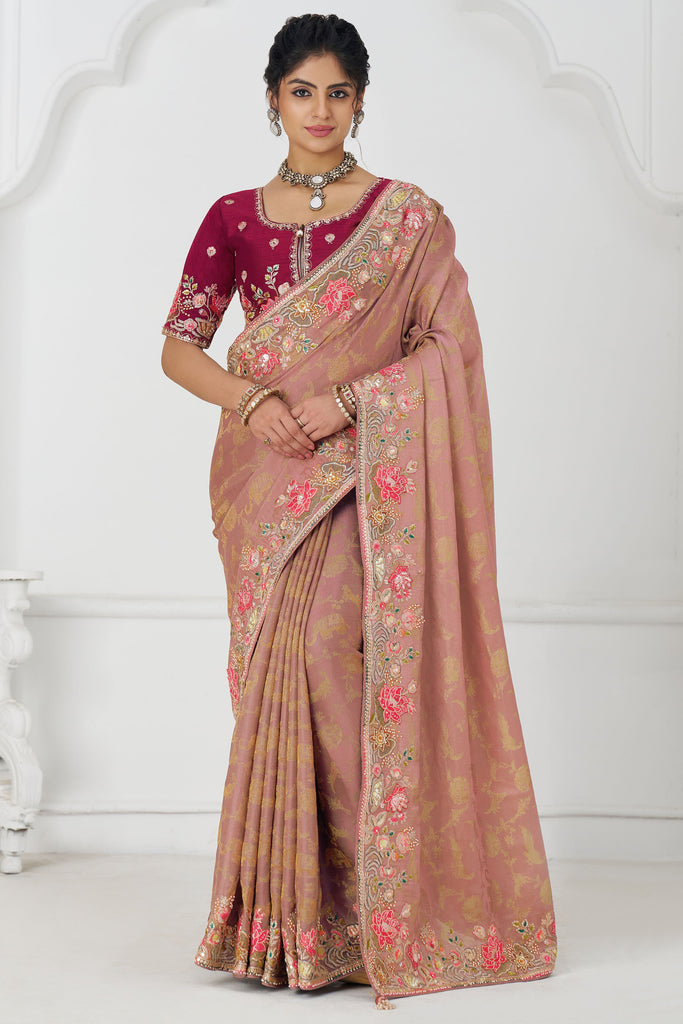 Lovely Peach Multi-Thread Work Viscose Silk Wedding Wear Saree