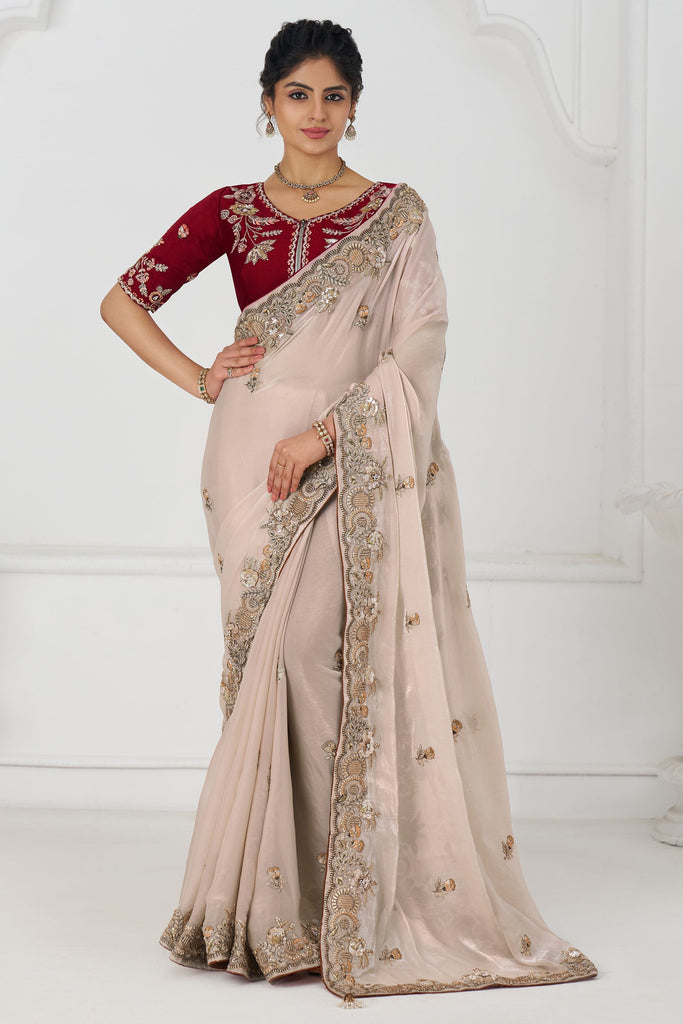 Wonderful Beige Sequins Silk Engagement Wear Saree With Blouse