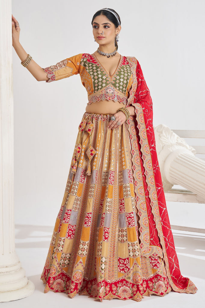 Surprising Mustard Yellow Embroidered Dola Silk Wedding Lehenga Choli 