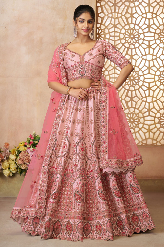 Fabulous Pink Thread Work Silk Reception Wear Lehenga Choli