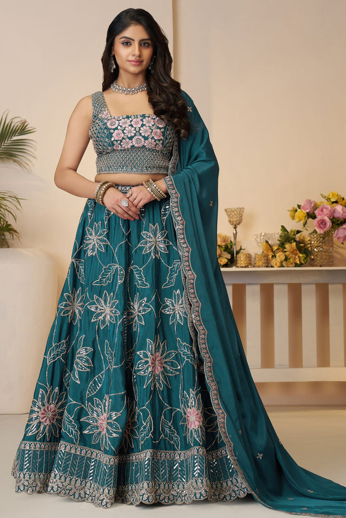 Fantastic Blue Thread Work Satin Silk Wedding Wear Lehenga Choli