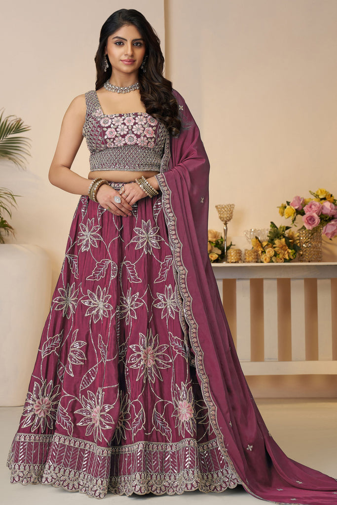 Surprising Wine Thread Work Satin Silk Reception Wear Lehenga Choli