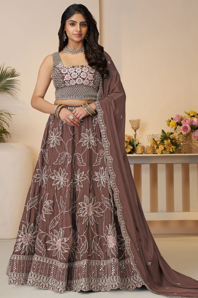 Incredible Mauve Thread Work Satin Silk Bridesmaid Lehenga Choli