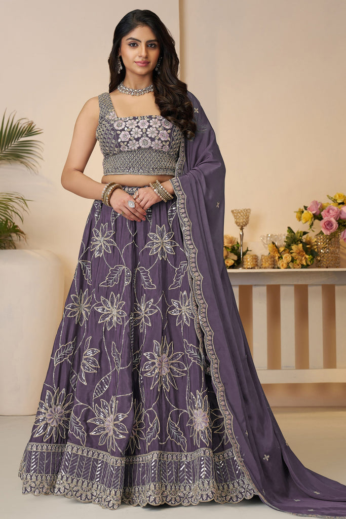Adorable Purple Sequins Satin Silk Wedding Wear Lehenga Choli