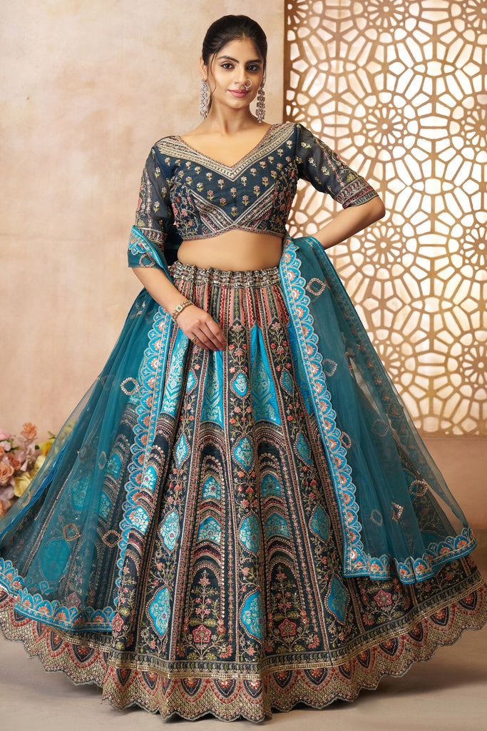 Lovable Blue Embroidered Banarasi Silk Bridesmaid Lehenga Choli