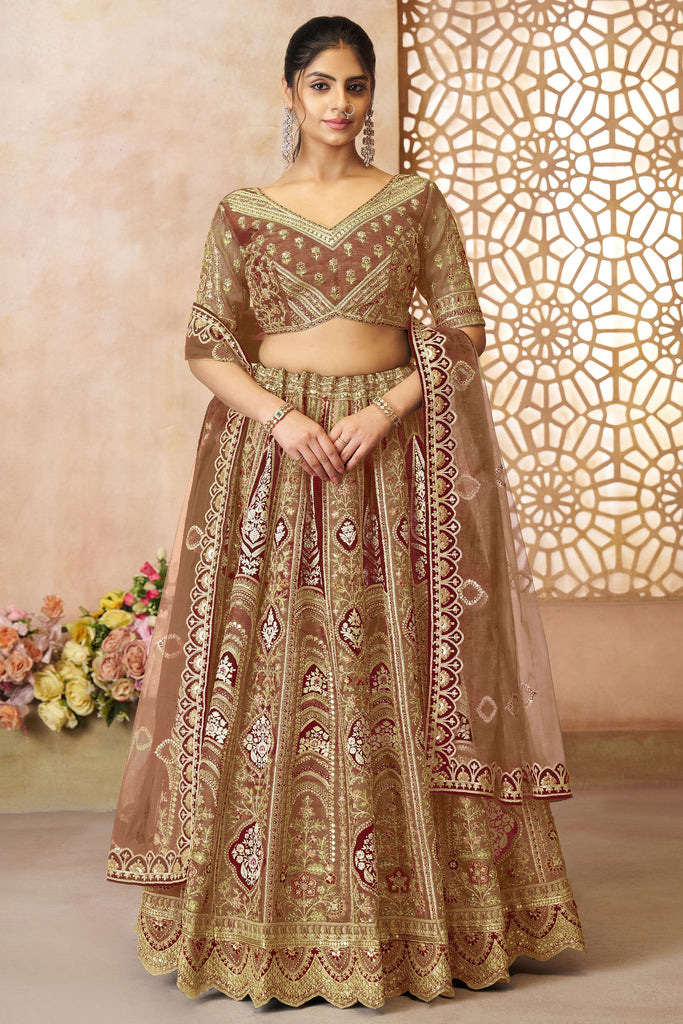 Delightful Brown Floral Motifs Banarasi Silk Bridesmaid Lehenga Choli