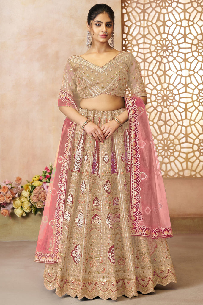 Ravishing Beige Floral Motifs Banarasi Silk Engagement Lehenga Choli
