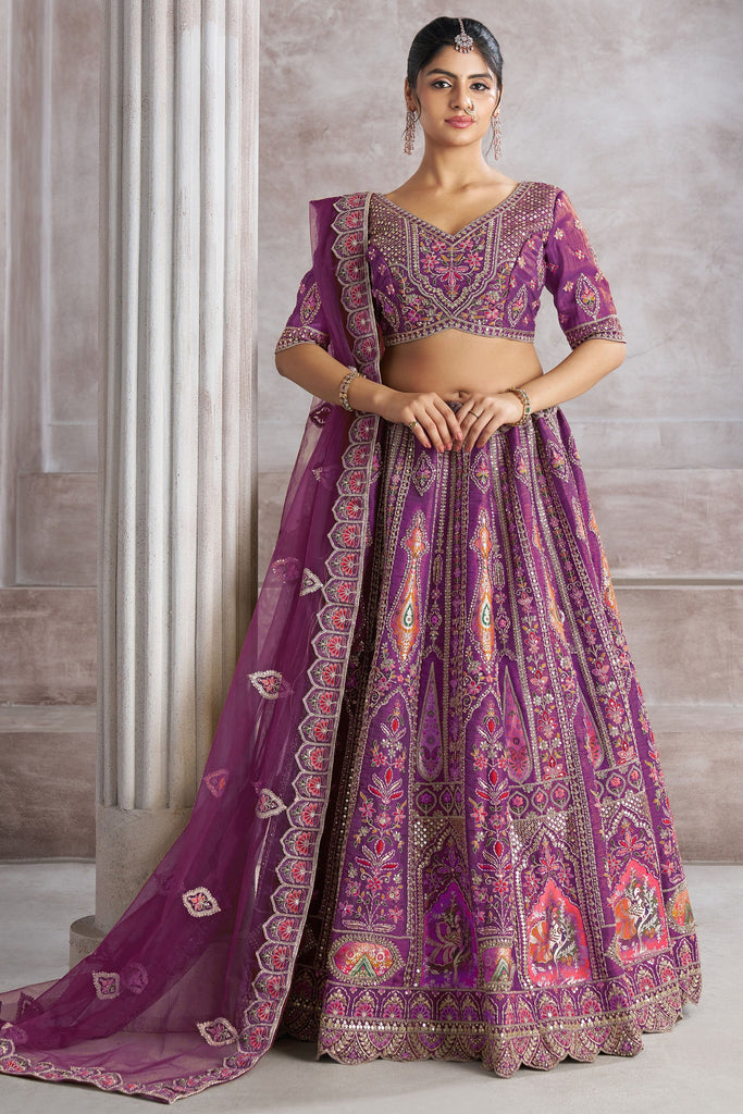 Gorgeous Purple Embroidered Banarasi Silk Sangeet Wear Lehenga Choli