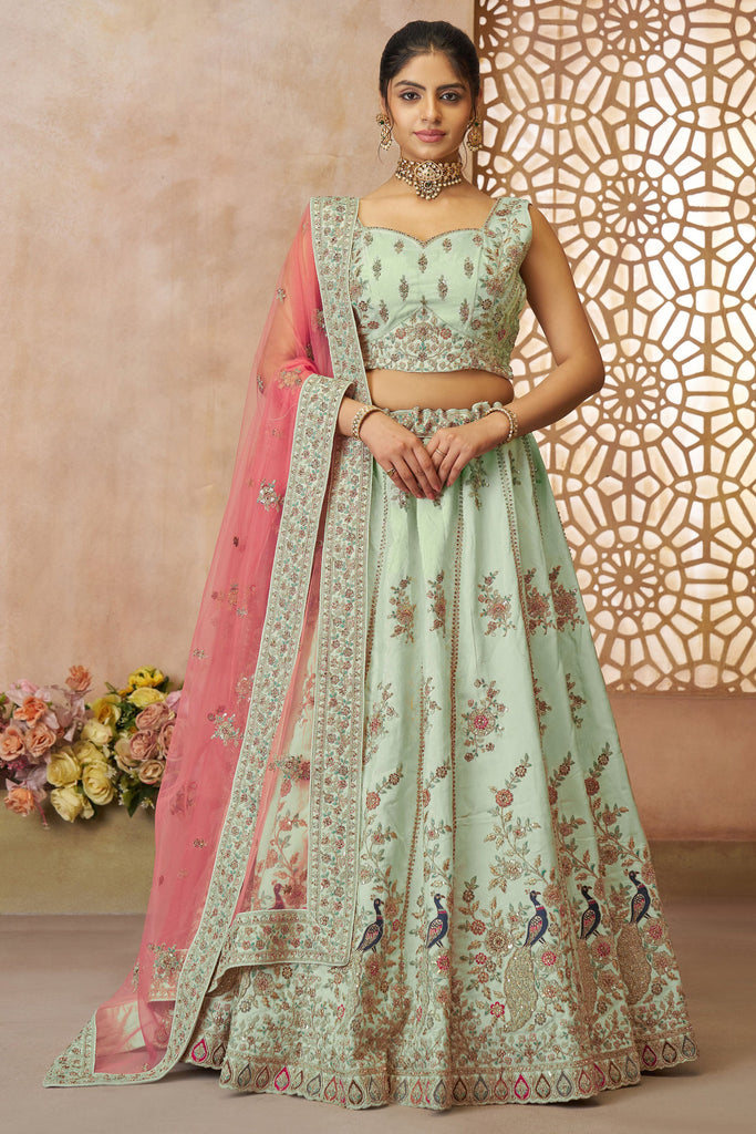 Attractive Pista Green Embroidered Silk Bridesmaid Lehenga Choli
