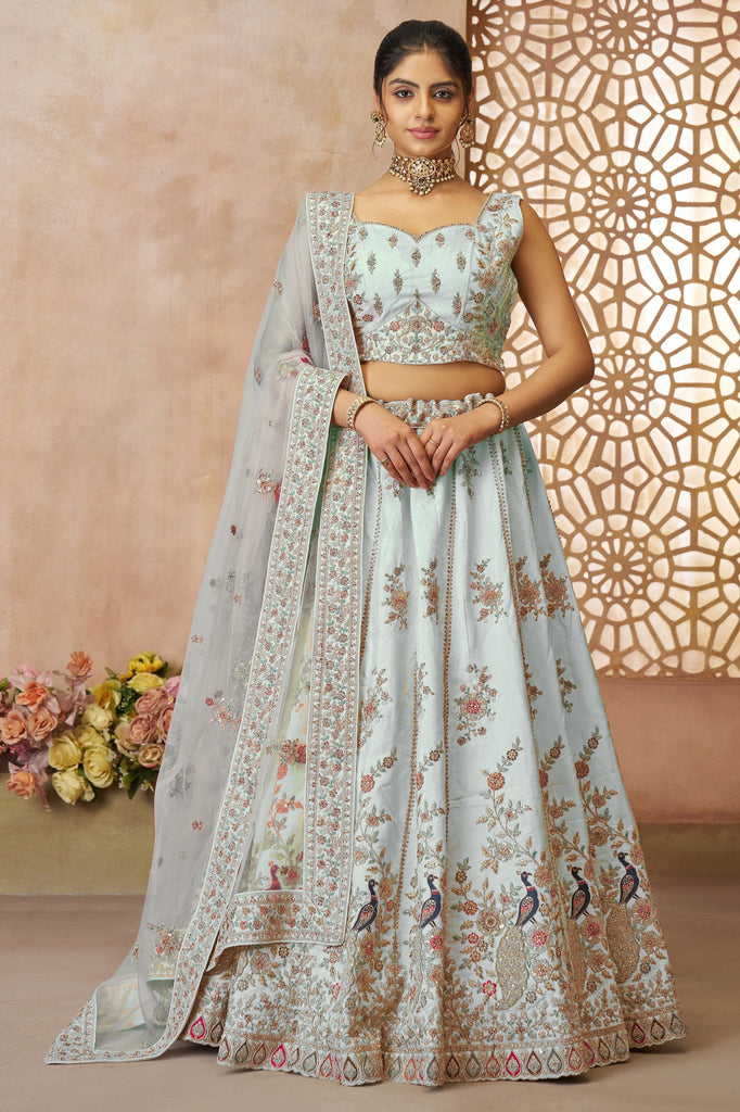 Pretty Sky-Blue Thread Embroidered Silk Lehenga Choli With Dupatta