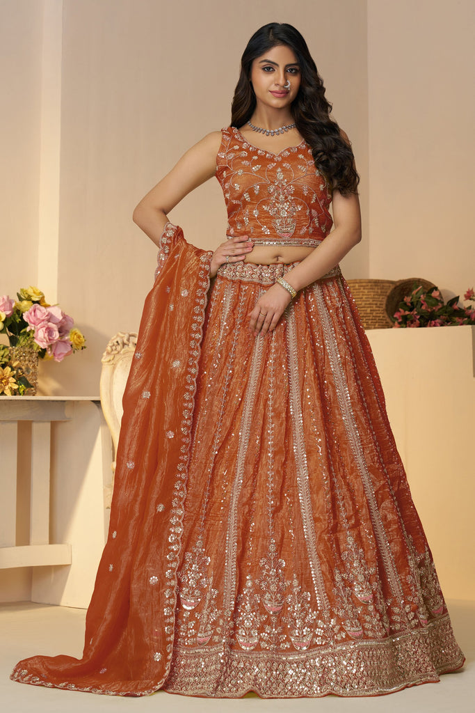 Amusing Orange Sequins Organza Reception Lehenga Choli With Dupatta