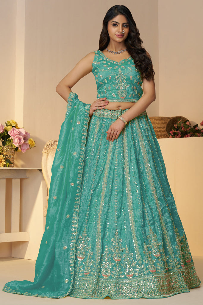 Winning Turquoise Blue Sequins Organza Bridesmaid Lehenga Choli