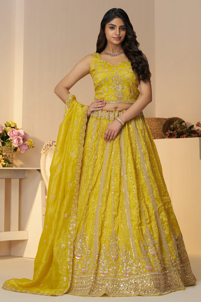 Lovely Yellow Sequins Organza Haldi Wear Lehenga Choli With Dupatta