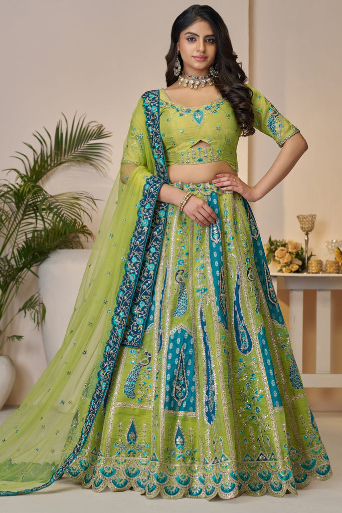 Stunning Green Thread Work Banarasi Silk Wedding Wear Lehenga Choli