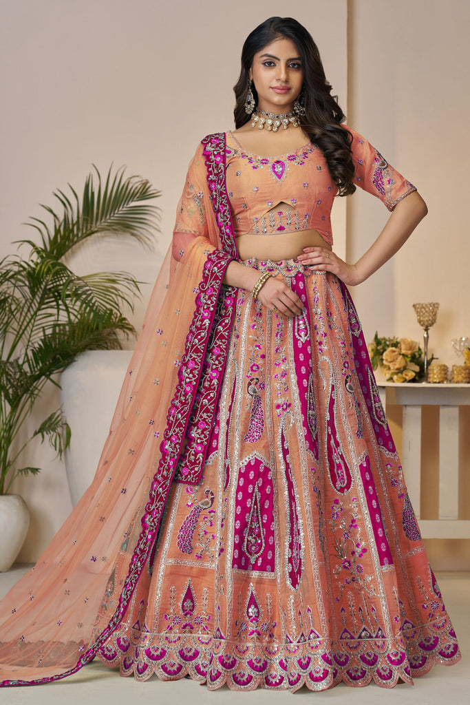 Amazing Peach Embroidered Banarasi Silk Bridesmaid Lehenga Choli