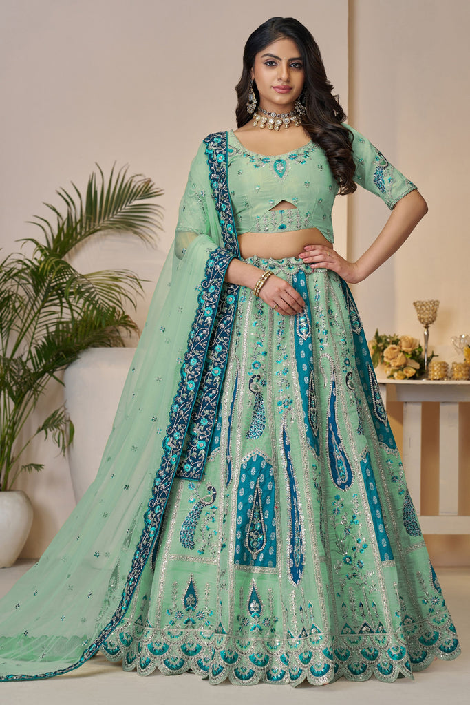 Precious Sky-Blue Embroidered Banarasi Silk Sangeet Wear Lehenga Choli