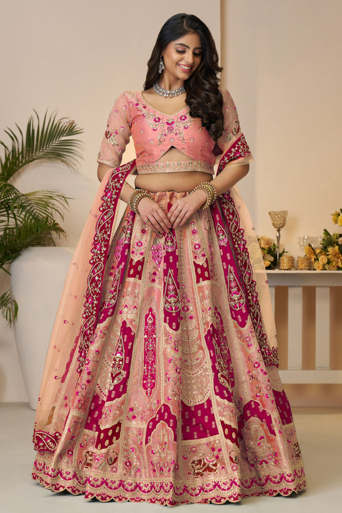 Dazzling Peach Embroidered Banarasi Silk Bridesmaid Lehenga Choli