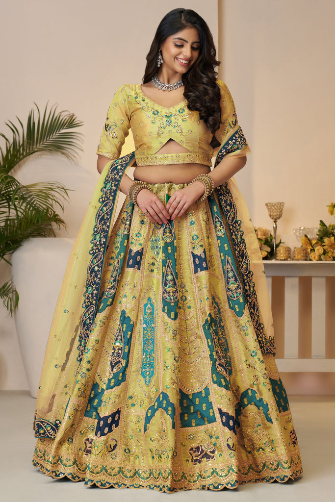 Alluring Yellow Embroidered Banarasi Silk Wedding Wear Lehenga Choli