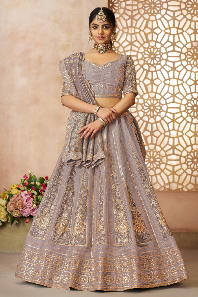 Astonishing Mauve-Color Embroidered Tissue Engagement Lehenga Choli