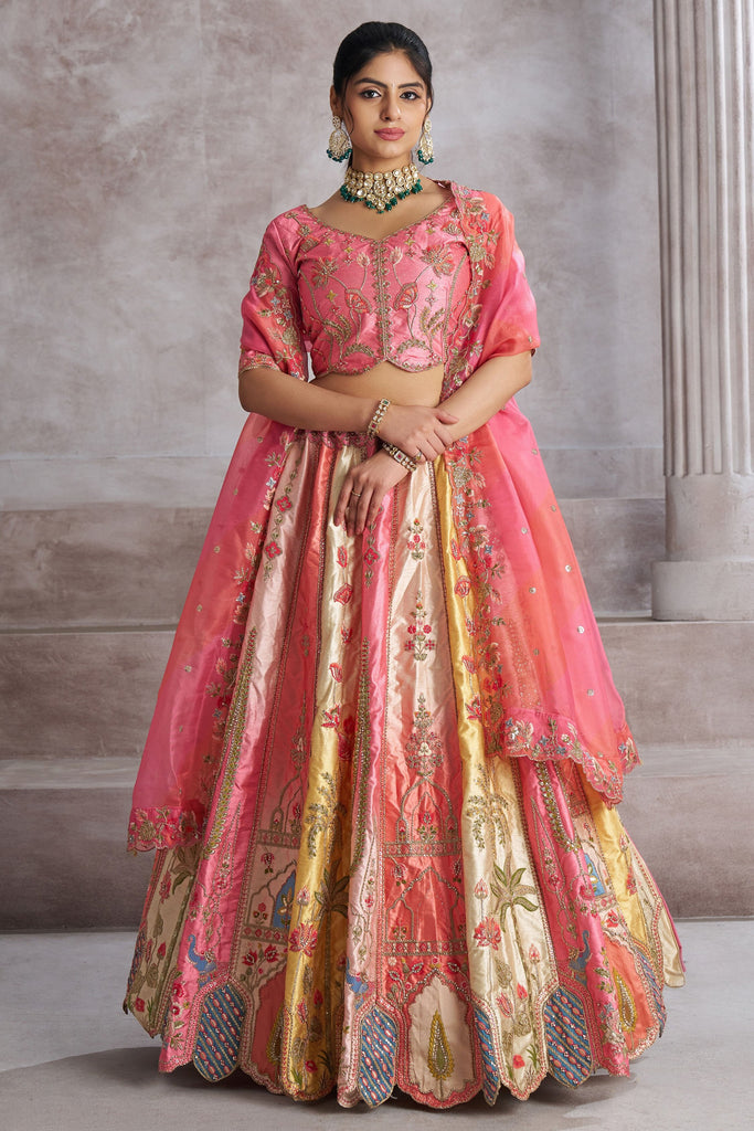 Beautiful Pink Thread Work Banarasi Silk Reception Wear Lehenga Choli