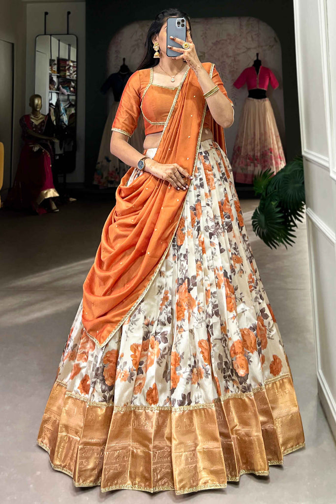 Awesome Orange Floral Print Dola Silk Function Wear Lehenga Choli