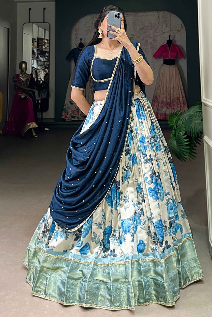 Marvelous Navy-Blue Floral Print Dola Silk Wedding Wear Lehenga Choli