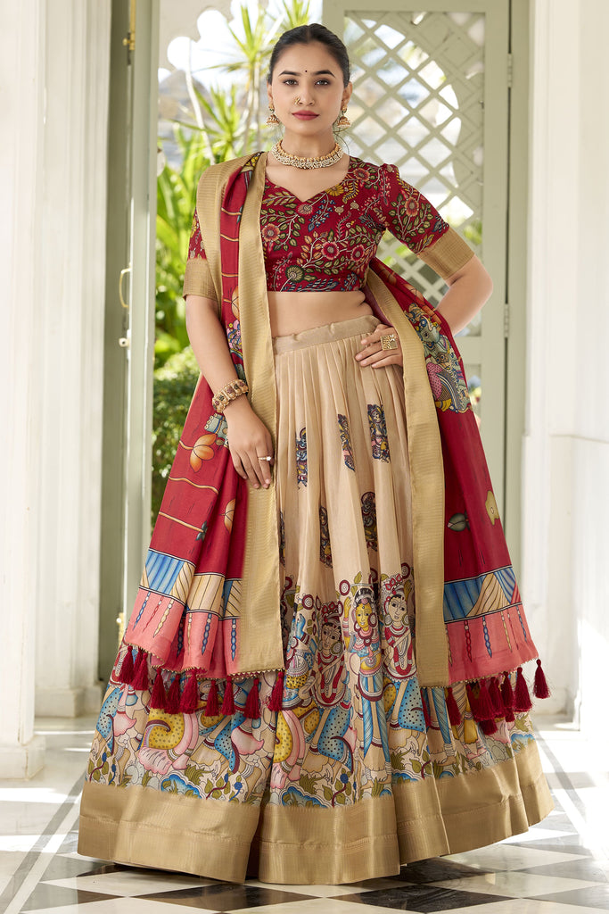 Lovable Cream Kalamkari Print Dola Silk Festive Wear Lehenga Choli