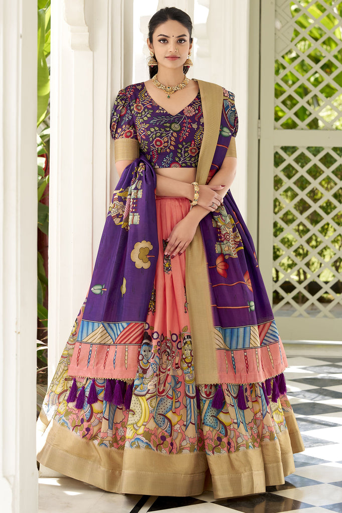 Attractive Peach Kalamkari Print Dola Silk Lehenga With Purple Choli