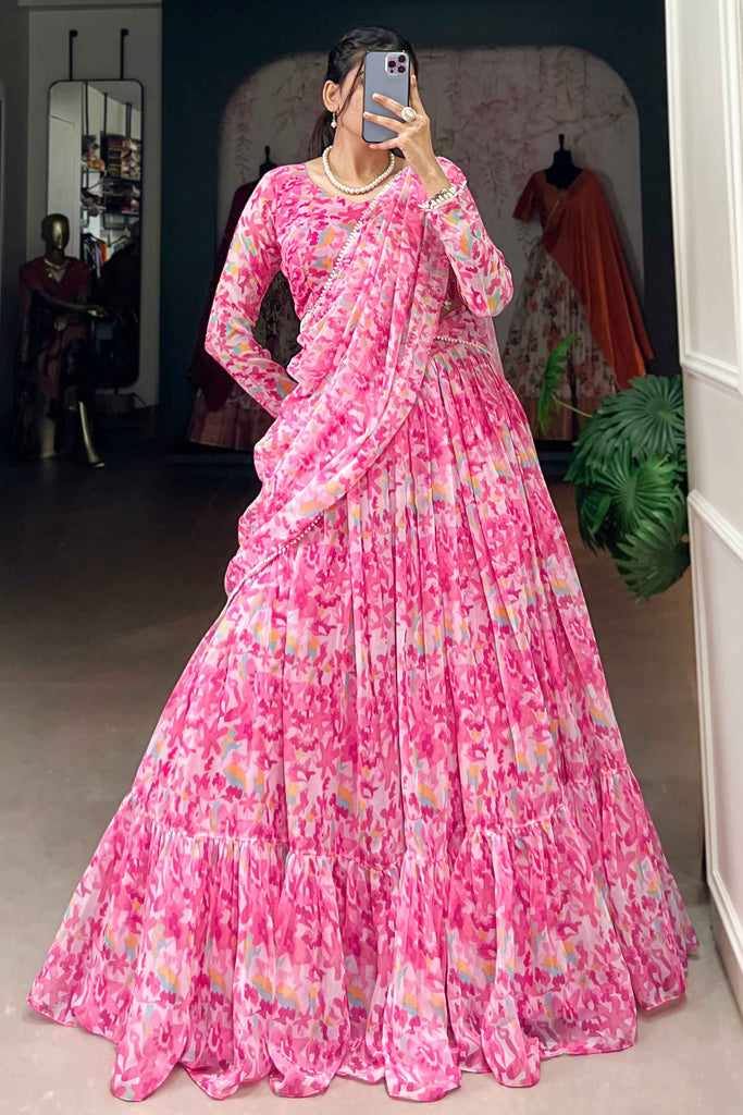 Dazzling Pink Printed Georgette Party Wear Lehenga Choli